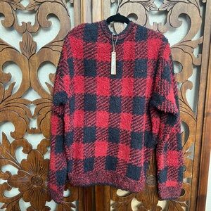 SKIMS Red and Black Plaid Crewneck Sweater